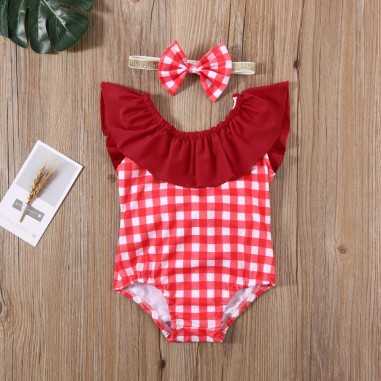 Costum de baie cu patratele rosii si bentita Drool (Marime: 110)