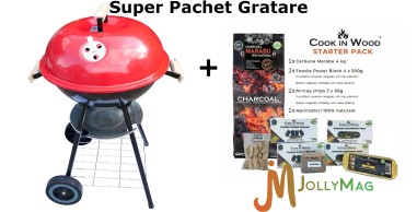 Pachet Starter afumare + Gratar gradina, grill rotund, cu roti, capac, 40x72 cm, Globus