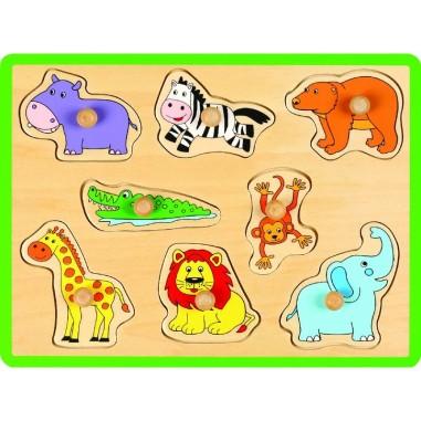 Joueco - Puzzle lemn 30 x 27 cm, 18 luni+, 8 piese, Animale salbatice Joueco - produs de calitate si ieftin