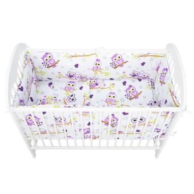 Lenjerie patut 5 piese, doua protectii laterale, Pernuta, Plapumioara, Cearceaf, bumbac, patut 120x60 cm, Bufnite, Mov BabyNeeds