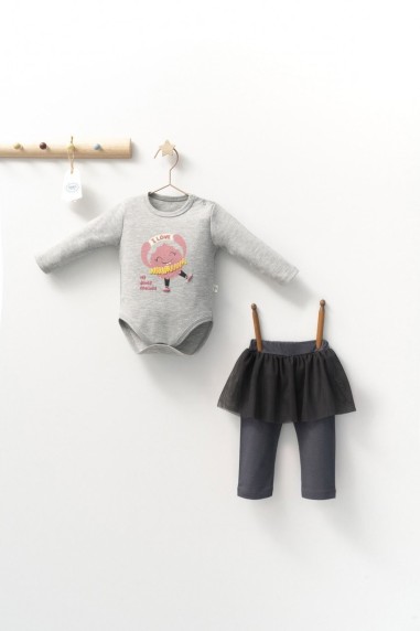 Set 2 piese cu body si pantalonasi cu tulle pentru fetite Monster, Tongs baby (Culoare: Gri, Marime: 12-18 Luni)