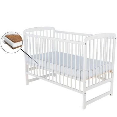 Patut lemn Ola 120X60 cm, lemn, rezistent, saltea reglabila 3 nivele, Laterala, Alb+ Saltea 8 cm BabyNeeds - produs de calitate 