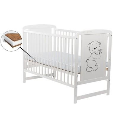 Patut lemn Timmi 120x60 cm, lemn, rezistent, saltea reglabila 3 nivele, Laterala, Alb + Saltea 8 cm BabyNeeds - produs de calita