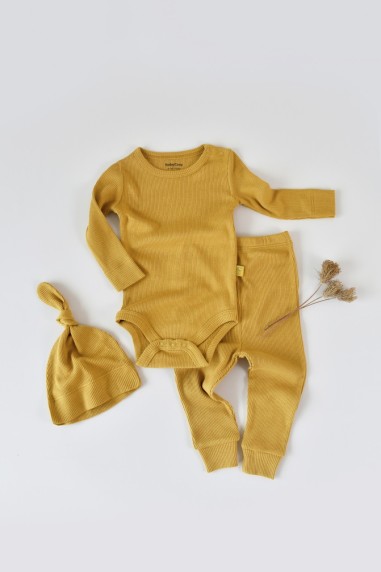 Set 3 piese: body cu maneca lunga, pantaloni lungi si caciulita din bumbac organic si modal - Sofran, BabyCosy (Marime: 9-12 lun