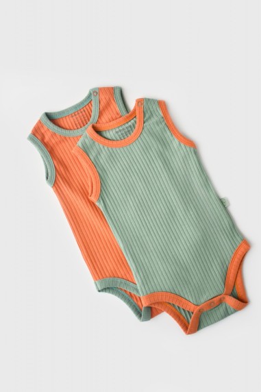 Set 2 body-uri fara maneci Ribana Bebe Unisex din bumbac organic si 5%elastan - Portocaliu/Verde BabyCosy (Marime: 6-9 luni)