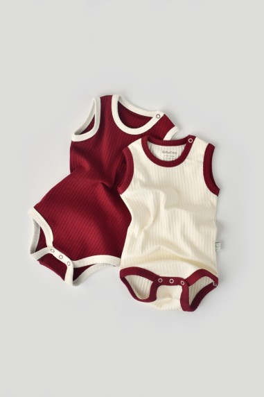 Set 2 body-uri fara maneci Ribana Bebe Unisex din bumbac organic si 5%elastan - Ecru/Bordo BabyCosy (Marime: 12-18 Luni)