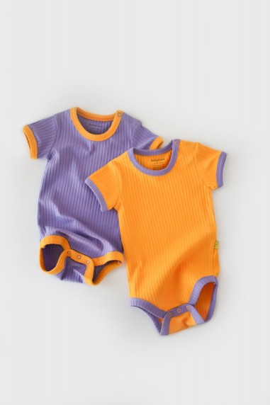 Set 2 body-uri Ribana Bebe Unisex din bumbac organic si 5%elastan - Galben/Mov BabyCosy (Marime: 12-18 Luni)