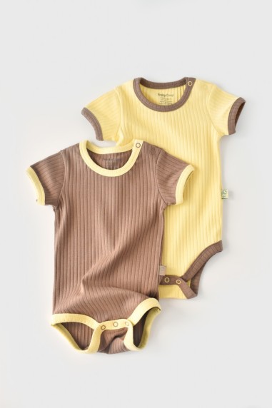 Set 2 body-uri Ribana Bebe Unisex din bumbac organic si 5%elastan - Vanilie/Maro BabyCosy (Marime: 9-12 luni)