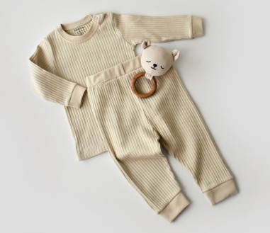 Set bluzita cu maneca lunga si pantaloni lungi din bumbac organic si 5% elastan - Crem, BabyCosy (Marime: 18-24 Luni)