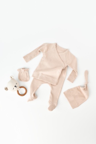 Set 4 piese: bluza, pantaloni, caciulita si manusi din bumbac organic si modal - Blush, BabyCosy (Marime: 6-9 luni)