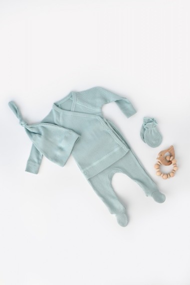 Set 4 piese: bluza, pantaloni, caciulita si manusi din bumbac organic si modal - Mint, BabyCosy (Marime: 6-9 luni)