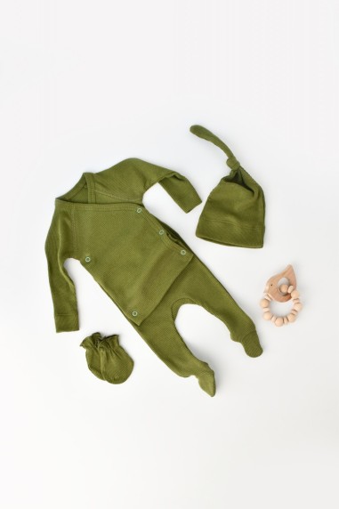 Set 4 piese: bluza, pantaloni, caciulita si manusi din bumbac organic si modal - Verde, BabyCosy (Marime: 6-9 luni)