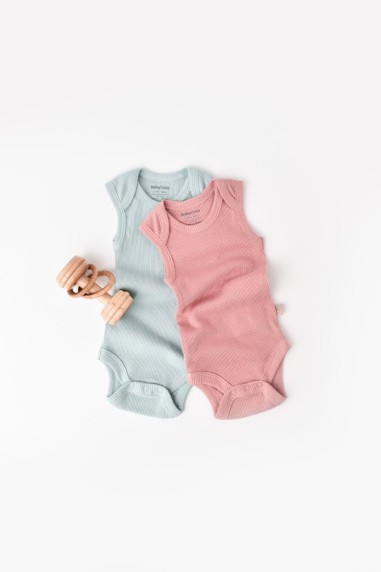 Set 2 body-uri fara maneci bebe unisex din bumbac organic si modal - Mint/Rose, BabyCosy (Marime: 0-3 Luni)