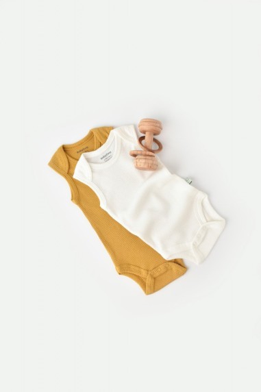 Set 2 body-uri fara maneci bebe unisex din bumbac organic si modal - Mustar/Ecru, BabyCosy (Marime: 0-3 Luni)