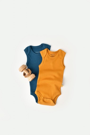 Set 2 body-uri fara maneci bebe unisex din bumbac organic si modal - Bleumarin/Sofran, BabyCosy (Marime: 9-12 luni)