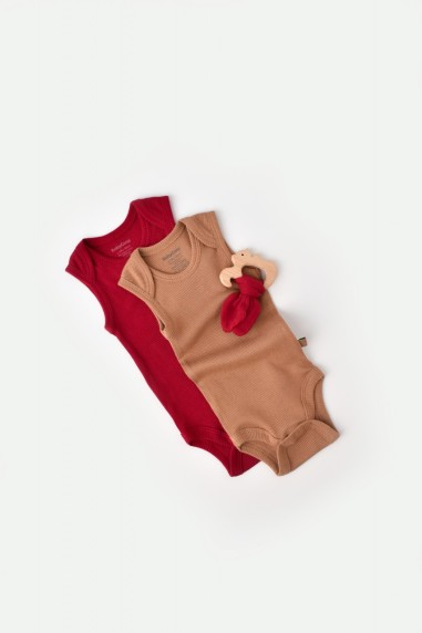 Set 2 body-uri fara maneci bebe unisex din bumbac organic si modal - Maro/Rosu, BabyCosy (Marime: 6-9 luni)