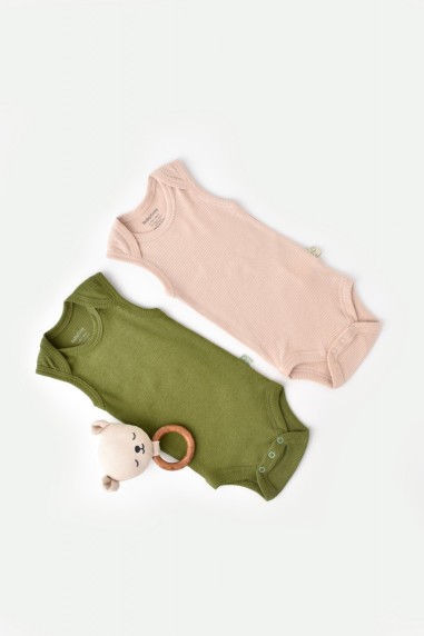 Set 2 body-uri fara maneci bebe unisex din bumbac organic si modal - Verde/Blush, BabyCosy (Marime: 6-9 luni)