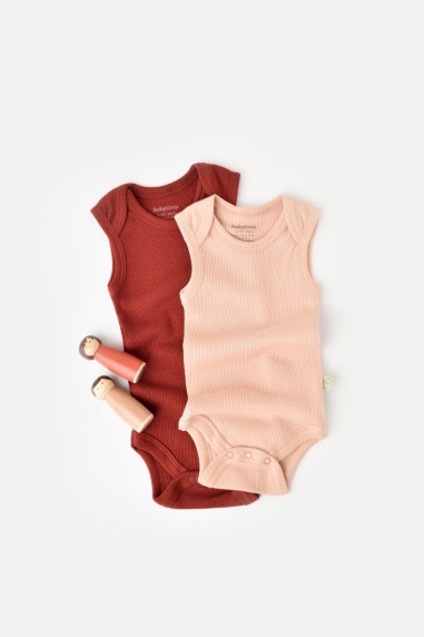 Set 2 body-uri fara maneci bebe unisex din bumbac organic si modal - Caramiziu/Somon, BabyCosy (Marime: 12-18 Luni)