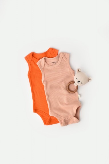 Set 2 body-uri fara maneci bebe unisex din bumbac organic si modal - Rodie/Piersica, BabyCosy (Marime: 6-9 luni)