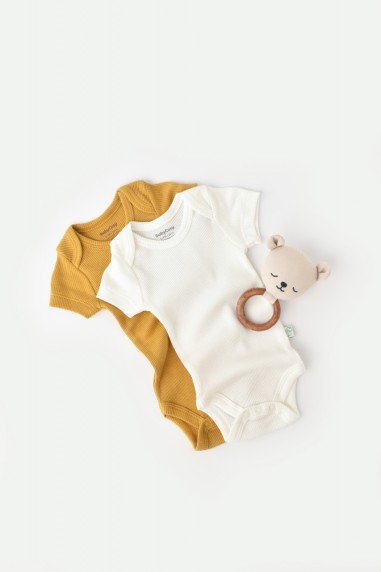 Set 2 body-uri bebe unisex din bumbac organic si modal - Mustar/Ecru, BabyCosy (Marime: 3-6 Luni)