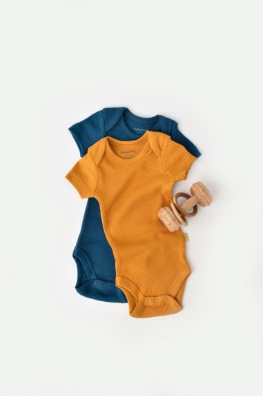 Set 2 body-uri bebe unisex din bumbac organic si modal - Bleumarin/Sofran, BabyCosy (Marime: 0-3 Luni)