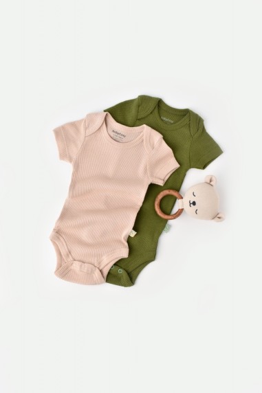 Set 2 body-uri bebe unisex din bumbac organic si modal - Verde/Blush, BabyCosy (Marime: 3-6 Luni)