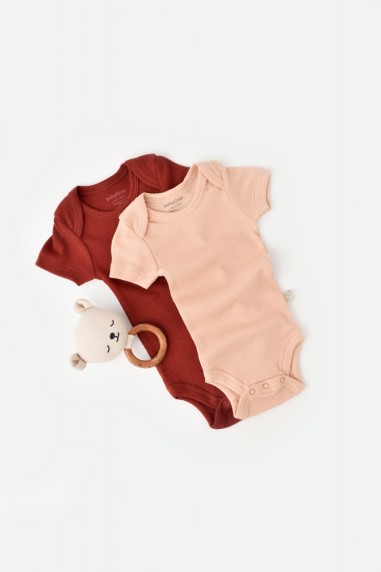 Set 2 body-uri bebe unisex din bumbac organic si modal - Caramiziu/Somon, BabyCosy (Marime: 9-12 luni)