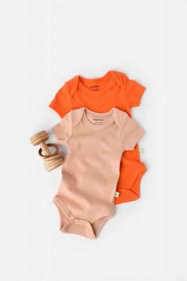 Set 2 body-uri bebe unisex din bumbac organic si modal - Rodie/Piersica, BabyCosy (Marime: 3-6 Luni)