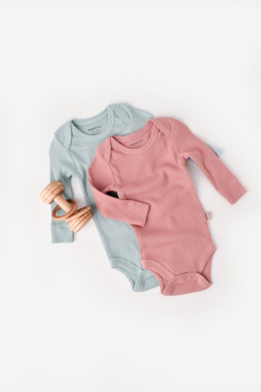 Set 2 body-uri cu maneca lunga bebe unisex din bumbac organic si modal - Mint/Rose, BabyCosy (Marime: 6-9 luni)