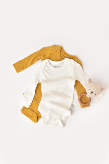 Set 2 body-uri cu maneca lunga bebe unisex din bumbac organic si modal - Mustar/Ecru, BabyCosy (Marime: 6-9 luni)