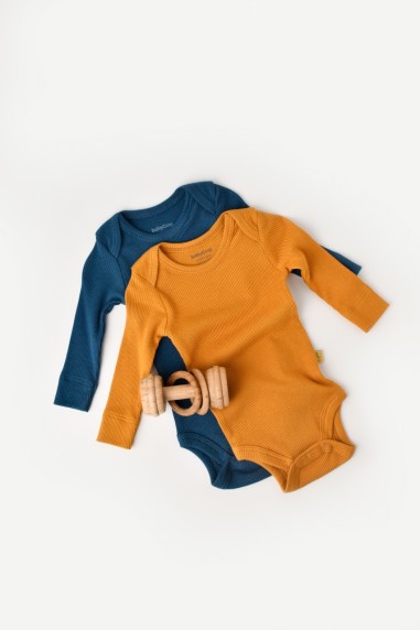 Set 2 body-uri cu maneca lunga bebe unisex din bumbac organic si modal - Bleumarin/Sofran, BabyCosy (Marime: 18-24 Luni)