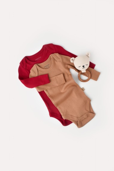 Set 2 body-uri cu maneca lunga bebe unisex din bumbac organic si modal - Maro/Rosu, BabyCosy (Marime: 6-9 luni)