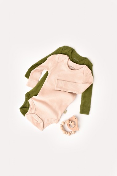 Set 2 body-uri cu maneca lunga bebe unisex din bumbac organic si modal - Verde/Blush, BabyCosy (Marime: 0-3 Luni)