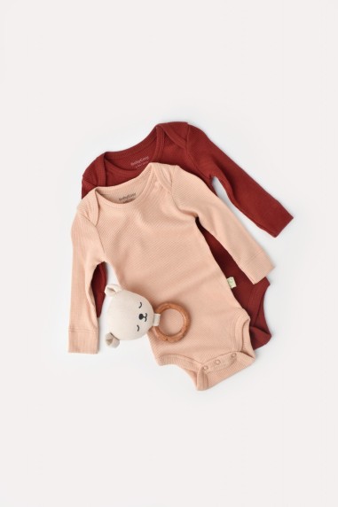 Set 2 body-uri cu maneca lunga bebe unisex din bumbac organic si modal - Caramiziu/Somon, BabyCosy (Marime: 9-12 luni)