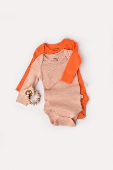 Set 2 body-uri cu maneca lunga bebe unisex din bumbac organic si modal - Rodie/Piersica, BabyCosy (Marime: 6-9 luni)