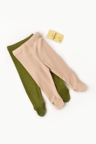 Set 2 pantaloni cu botosei bebe unisex din bumbac organic si modal - Verde/Blush, BabyCosy (Marime: 3-6 Luni)