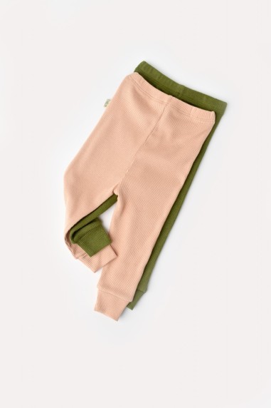 Set 2 pantaloni bebe unisex din bumbac organic si modal - Verde/Blush, BabyCosy (Marime: 12-18 Luni)