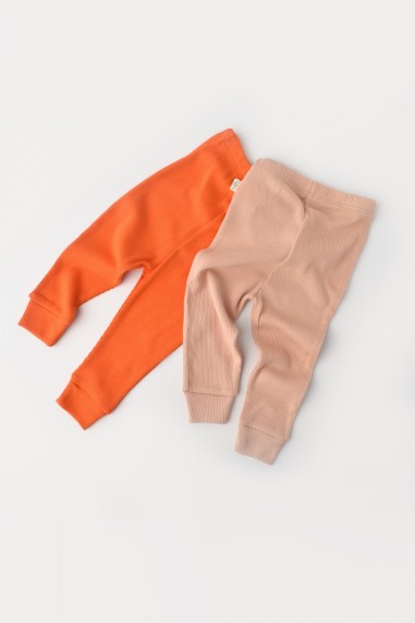 Set 2 pantaloni bebe unisex din bumbac organic si modal - Rodie/Piersica, BabyCosy (Marime: 6-9 luni)