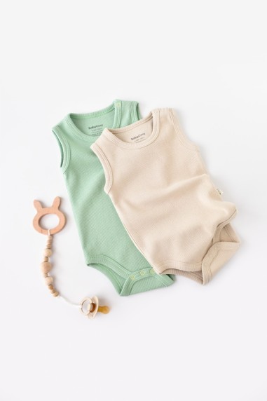 Set 2 body-uri fara maneci bebe unisex -100% bumbac organic - Mint/Stone, BabyCosy (Marime: 12-18 Luni)