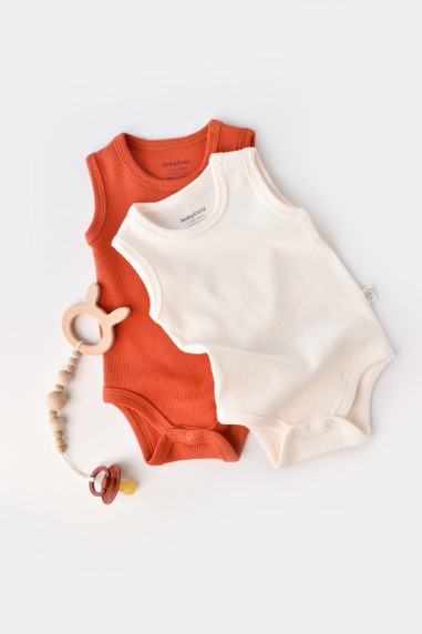 Set 2 body-uri fara maneci bebe unisex -100% bumbac organic -Scortisoara/Ecru, BabyCosy (Marime: 6-9 luni)