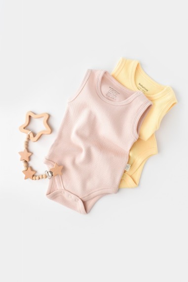 Set 2 body-uri fara maneci bebe unisex -100% bumbac organic - Galben/Roz, BabyCosy (Marime: 3-6 Luni)