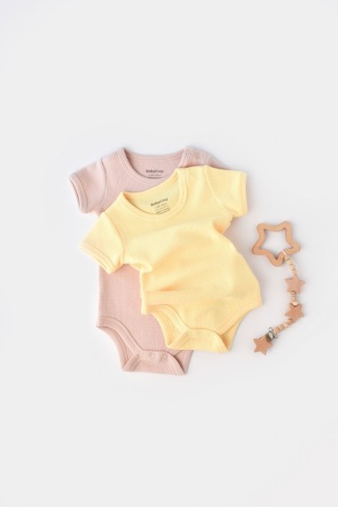 Set 2 body-uri bebe unisex -100% bumbac organic - Galben/Roz, BabyCosy (Marime: 6-9 luni)