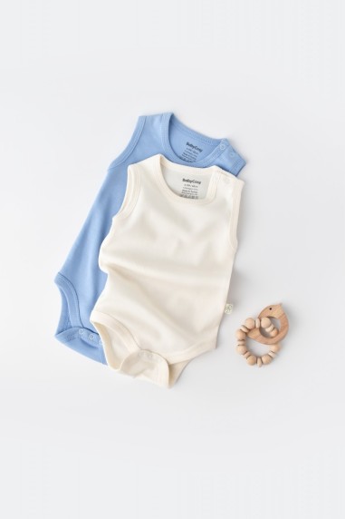 Set 2 body-uri fara maneci bebe unisex -100% bumbac organic - Ecru/Bleu, BabyCosy (Marime: 6-9 luni)