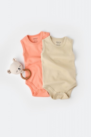 Set 2 body-uri fara maneci bebe unisex -100% bumbac organic - Roz/Crem, BabyCosy (Marime: 12-18 Luni)