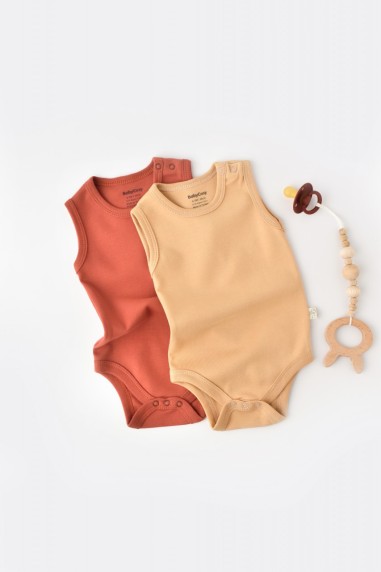 Set 2 body-uri fara maneci bebe unisex -100% bumbac organic - Mustar/ Scortisoara, BabyCosy (Marime: 3-6 Luni)