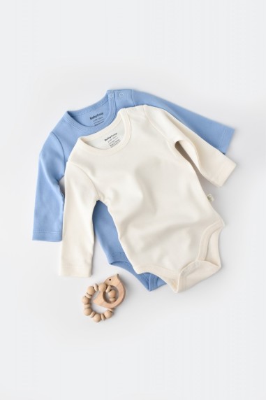 Set 2 body-uri cu maneca lunga bebe unisex -100% bumbac organic - Ecru/Bleu, BabyCosy (Marime: 9-12 luni)