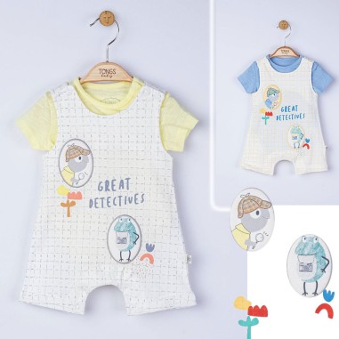 Set salopeta cu tricou Great detectives pentru bebelusi, Tongs baby (Culoare: Galben, Marime: 6-9 luni)